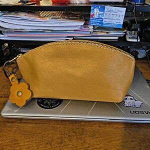 Portland Leather Yellow Cosmetic Bag with Flower Charm Key Chain.